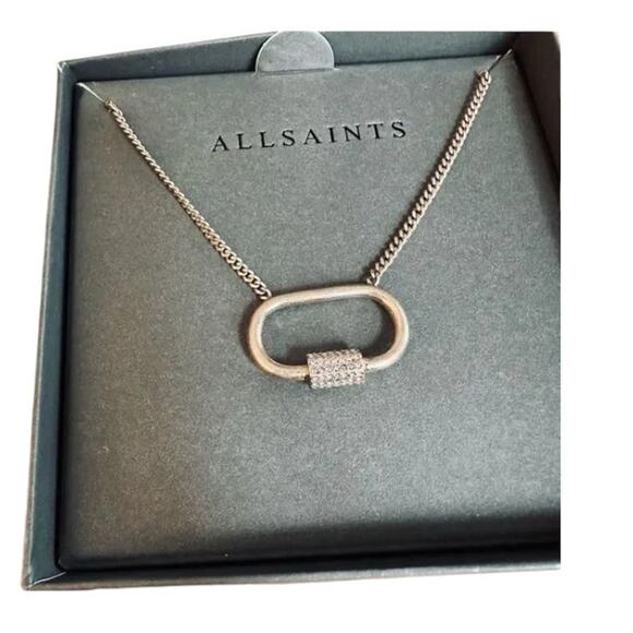 AllSaints Necklace Gold Carabiner Pave Dog Tag Micro Cuban Chain Link NWT 18" - Picture 1 of 7